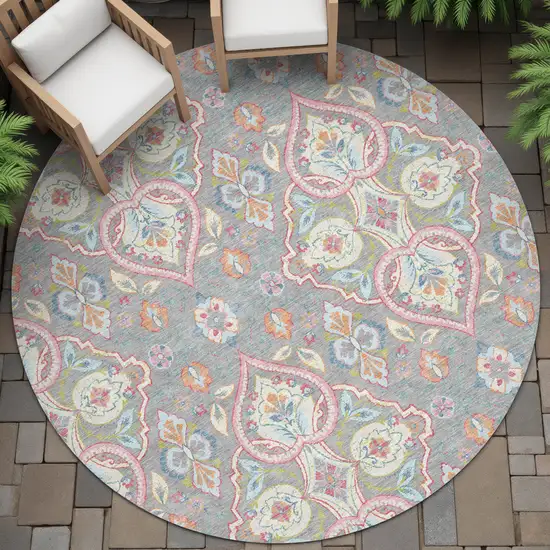 8' Gray Pink And Ivory Round Ogee Washable Indoor Outdoor Area Rug Photo 7