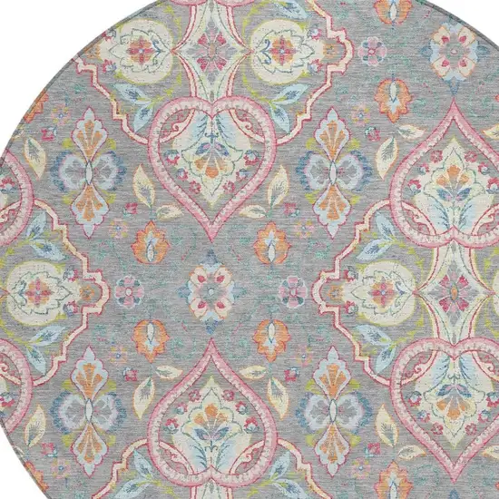 8' Gray Pink And Ivory Round Ogee Washable Indoor Outdoor Area Rug Photo 5