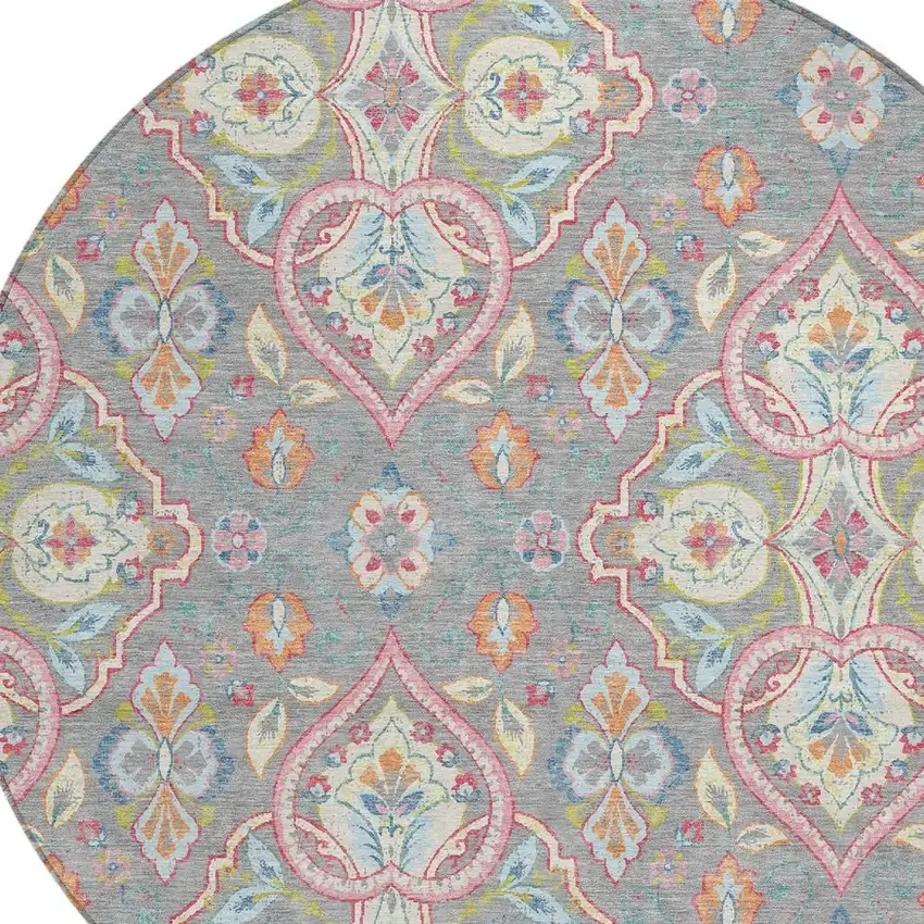 8' Gray Pink And Ivory Round Ogee Washable Indoor Outdoor Area Rug Photo 5