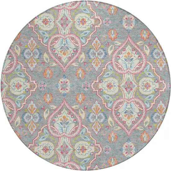 8' Gray Pink And Ivory Round Ogee Washable Indoor Outdoor Area Rug Photo 1