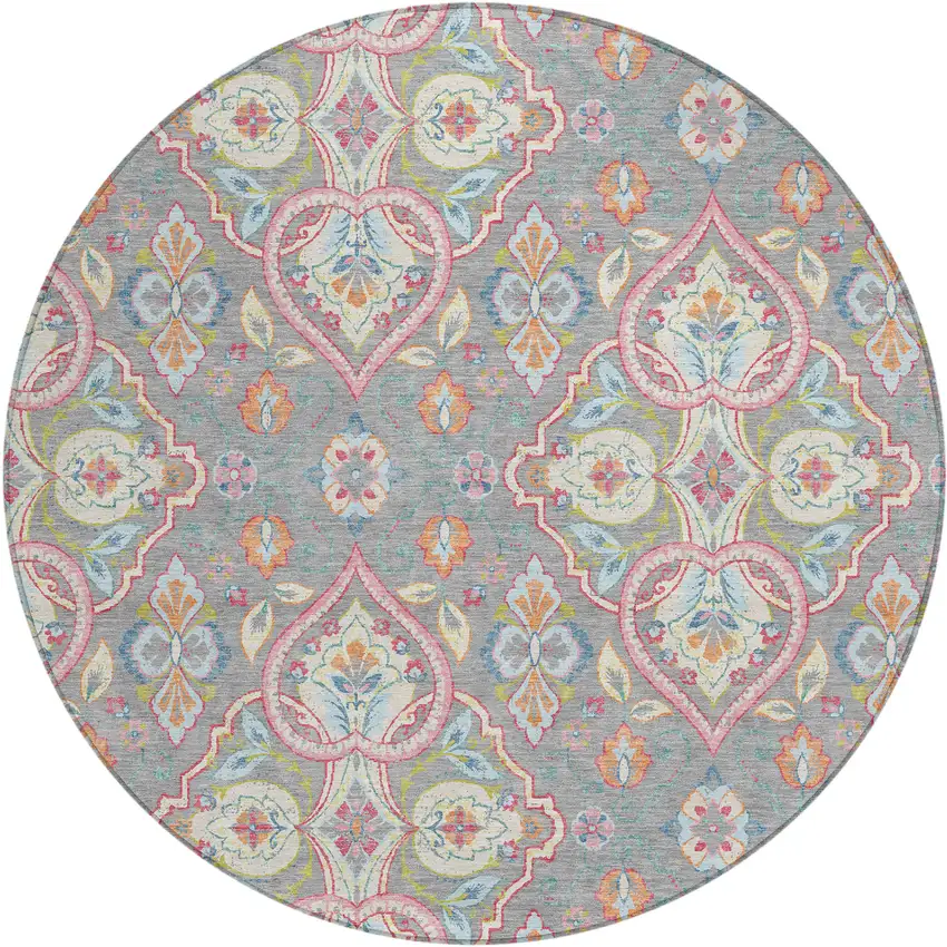 8' Gray Pink And Ivory Round Ogee Washable Indoor Outdoor Area Rug Photo 1