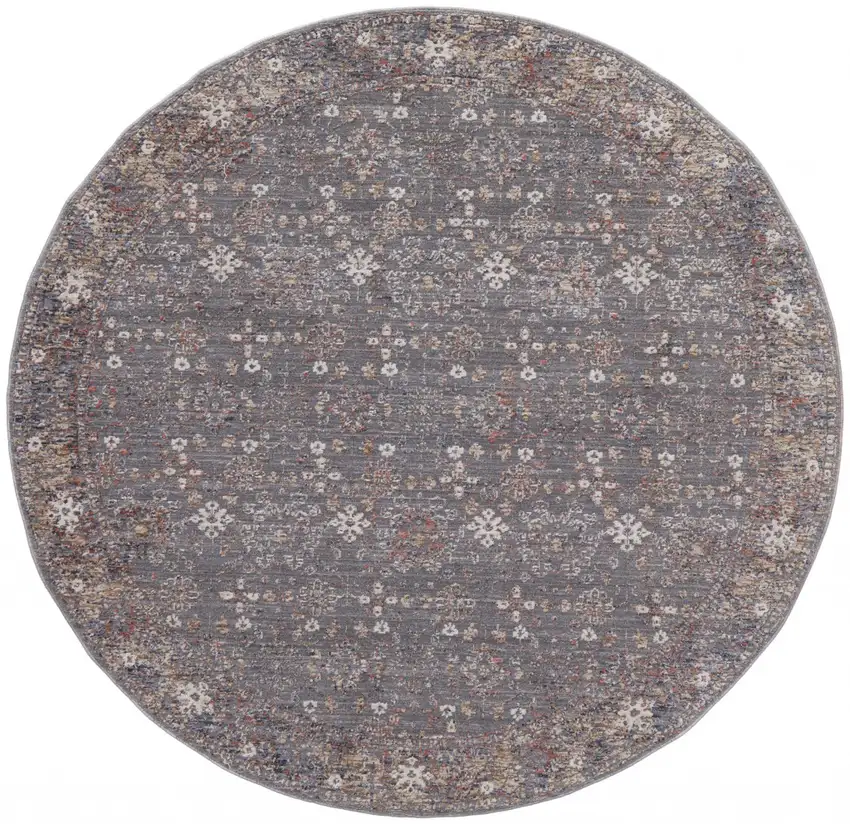 6' Gray Pink And Red Round Floral Power Loom Area Rug Photo 4