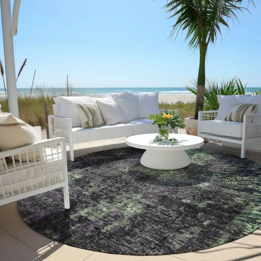8' Gray Purple And Charcoal Round Abstract Washable Indoor Outdoor Area Rug Photo 6