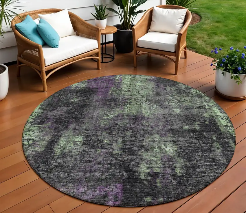 8' Gray Purple And Charcoal Round Abstract Washable Indoor Outdoor Area Rug Photo 1