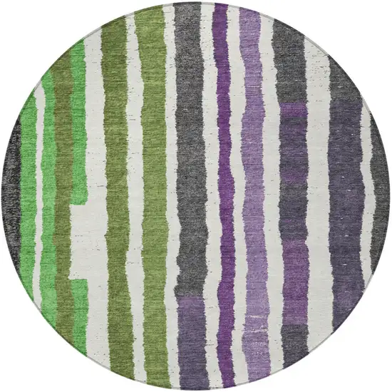 8' Gray Purple And Green Round Striped Washable Indoor Outdoor Area Rug Photo 3