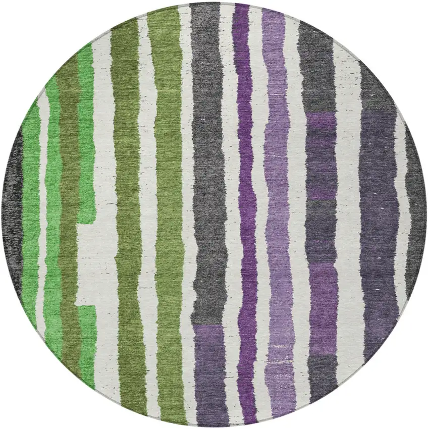 8' Gray Purple And Green Round Striped Washable Indoor Outdoor Area Rug Photo 3