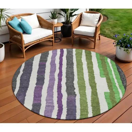 8' Gray Purple And Green Round Striped Washable Indoor Outdoor Area Rug Photo 2