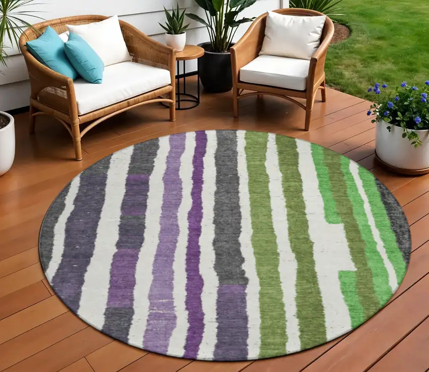 8' Gray Purple And Green Round Striped Washable Indoor Outdoor Area Rug Photo 2