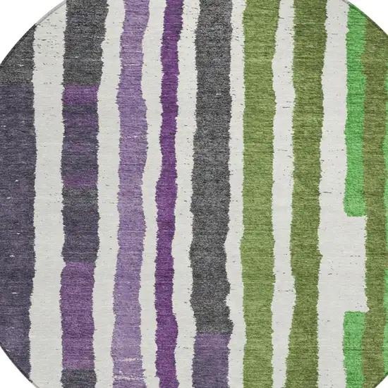 8' Gray Purple And Green Round Striped Washable Indoor Outdoor Area Rug Photo 8