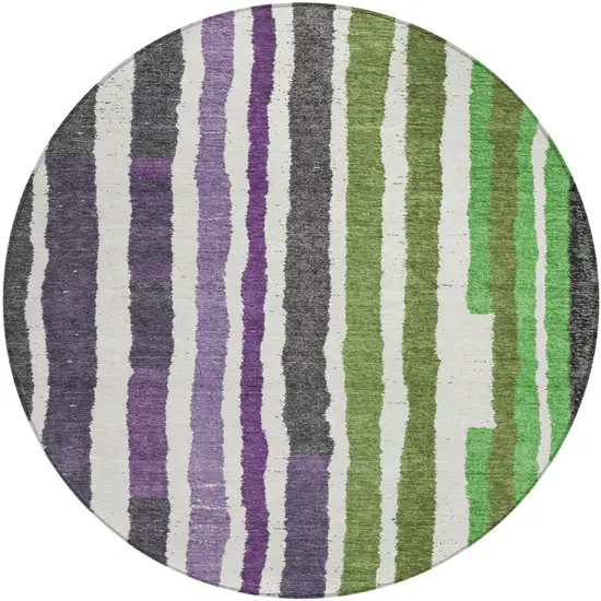 8' Gray Purple And Green Round Striped Washable Indoor Outdoor Area Rug Photo 1