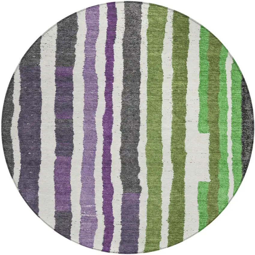 8' Gray Purple And Green Round Striped Washable Indoor Outdoor Area Rug Photo 1