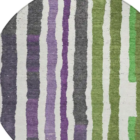 8' Gray Purple And Green Round Striped Washable Indoor Outdoor Area Rug Photo 4