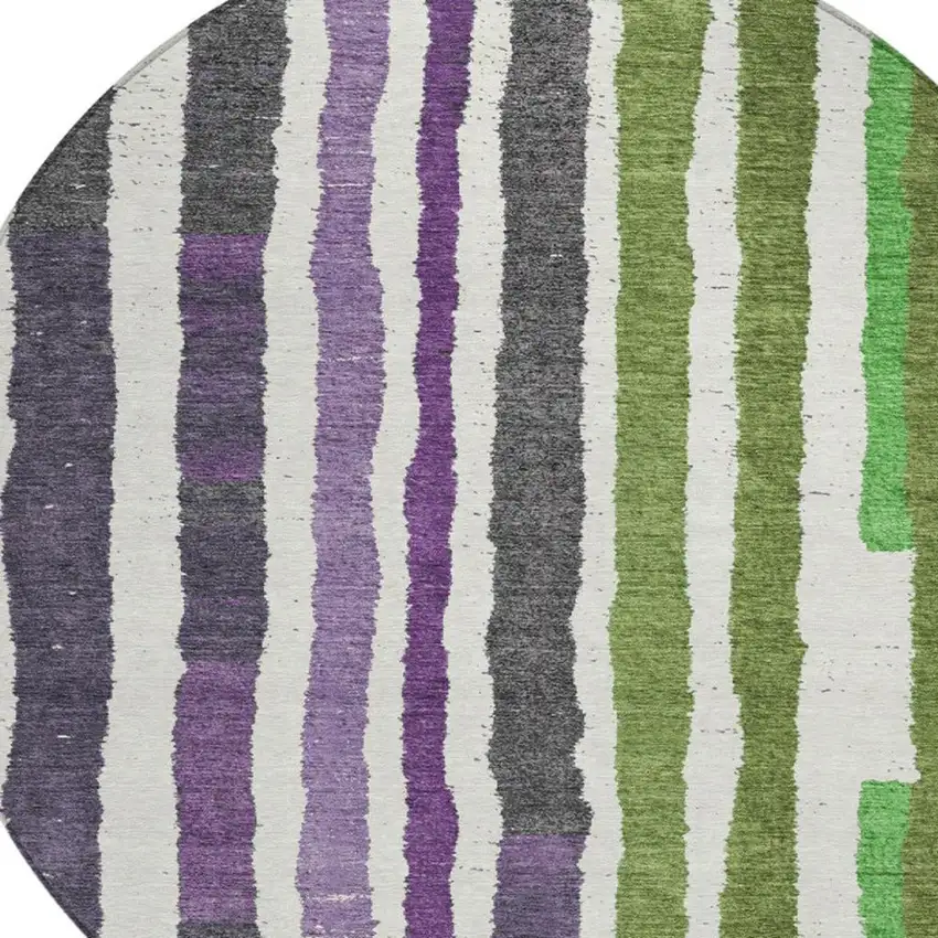 8' Gray Purple And Green Round Striped Washable Indoor Outdoor Area Rug Photo 4