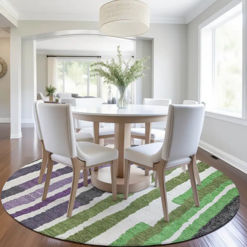 8' Gray Purple And Green Round Striped Washable Indoor Outdoor Area Rug Photo 6