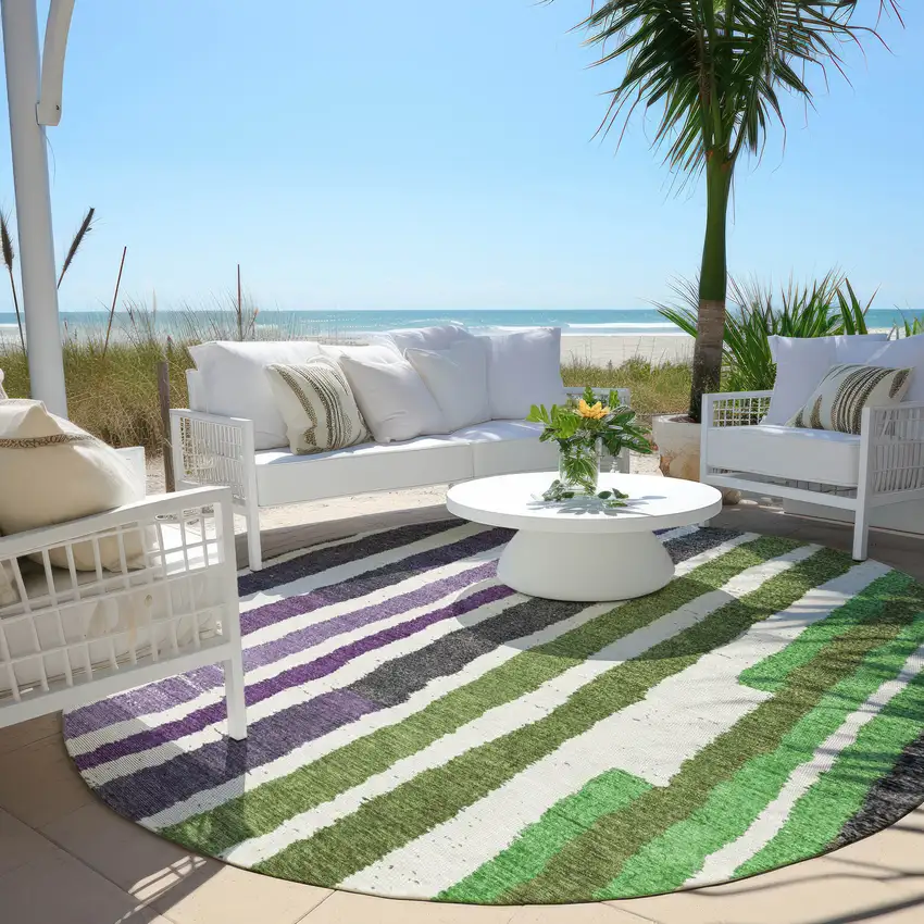 8' Gray Purple And Green Round Striped Washable Indoor Outdoor Area Rug Photo 5