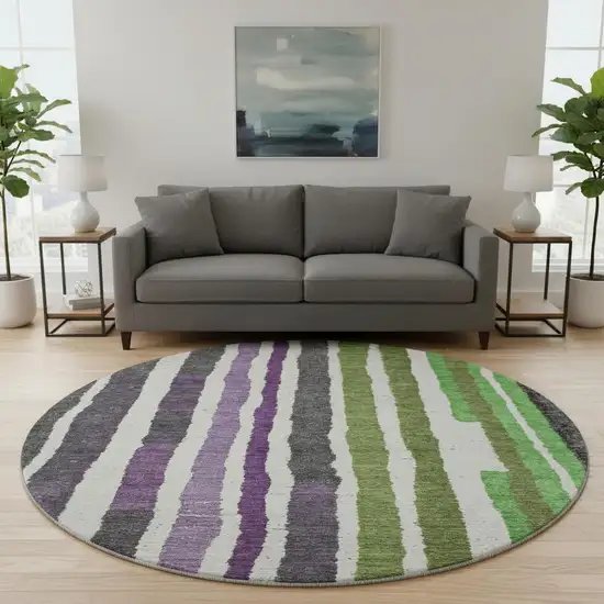 8' Gray Purple And Green Striped Washable Round Rug With UV Protection Photo 2