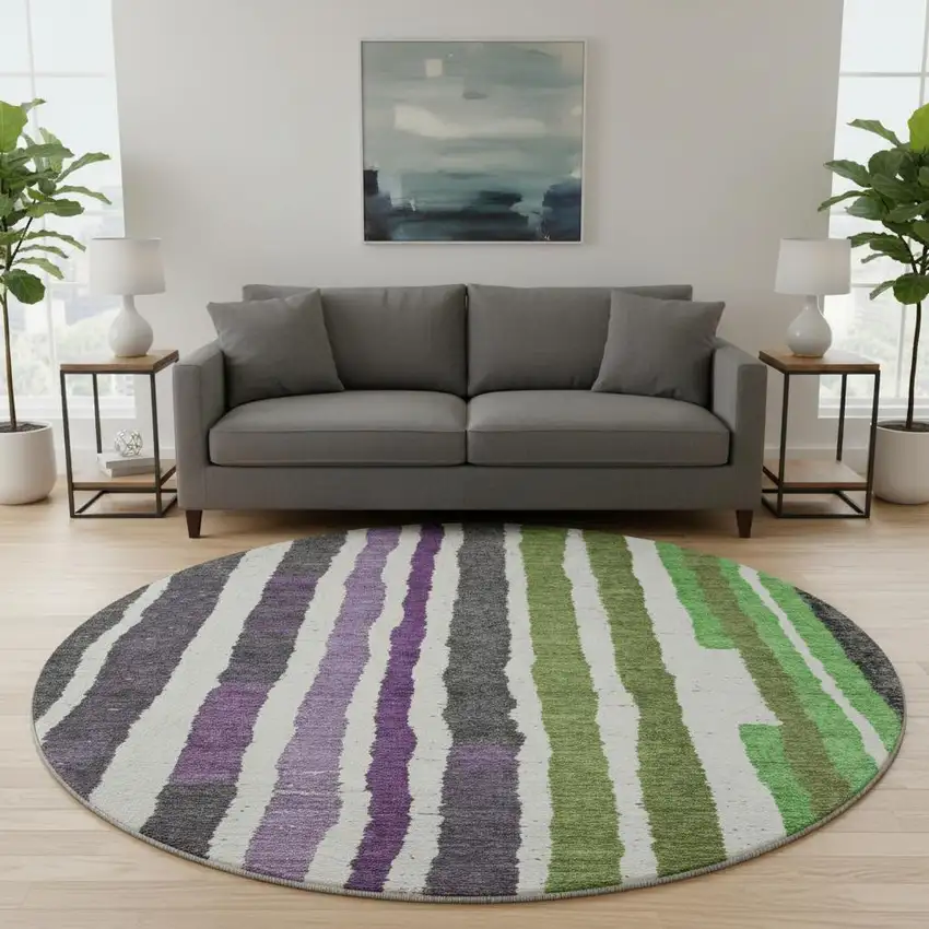 8' Gray Purple And Green Striped Washable Round Rug With UV Protection Photo 2