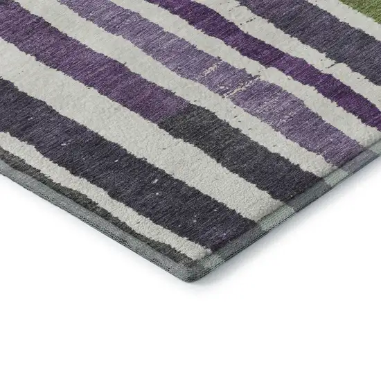 8' Gray Purple And Green Striped Washable Round Rug With UV Protection Photo 7