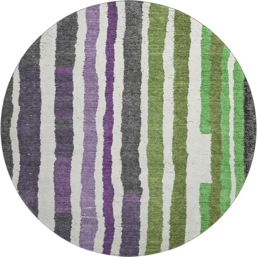 8' Gray Purple And Green Striped Washable Round Rug With UV Protection Photo 1