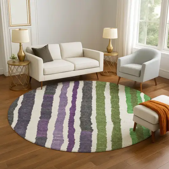 8' Gray Purple And Green Striped Washable Round Rug With UV Protection Photo 5