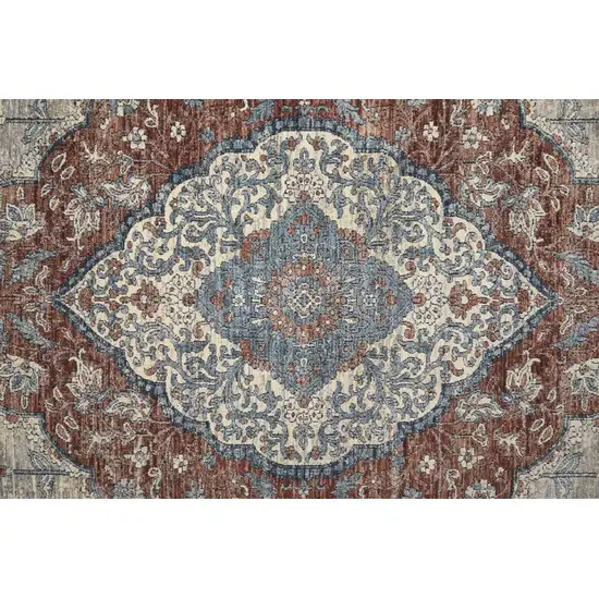 12' Gray Red And Blue Floral Power Loom Runner Rug Photo 3