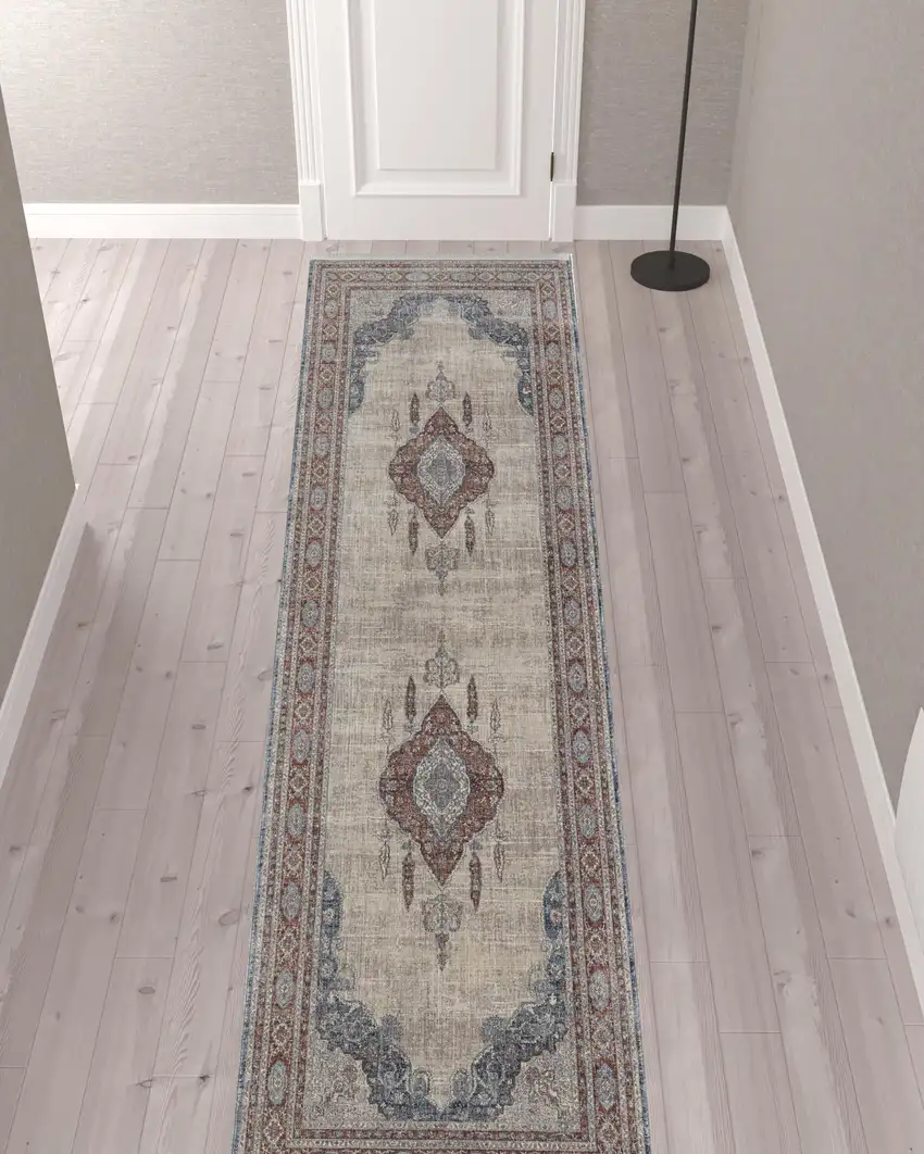 12' Gray Red And Blue Floral Power Loom Runner Rug Photo 2