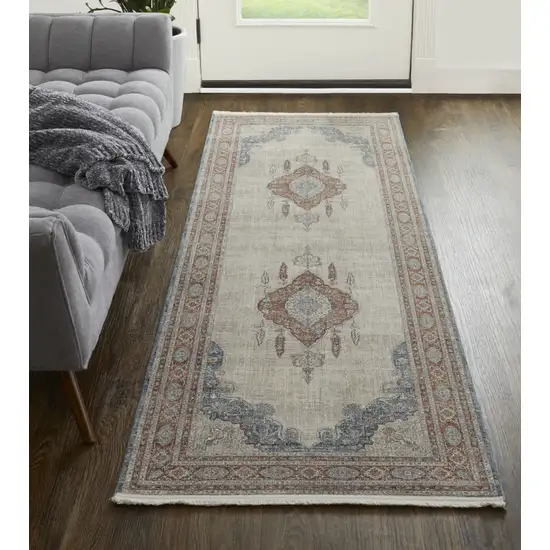 12' Gray Red And Blue Floral Power Loom Runner Rug Photo 5