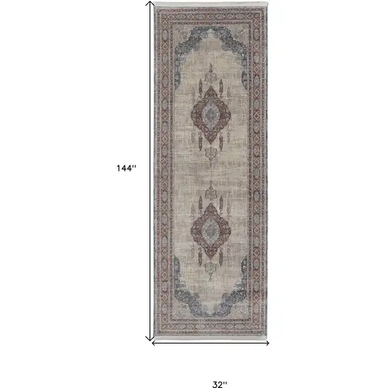 12' Gray Red And Blue Floral Power Loom Runner Rug Photo 6