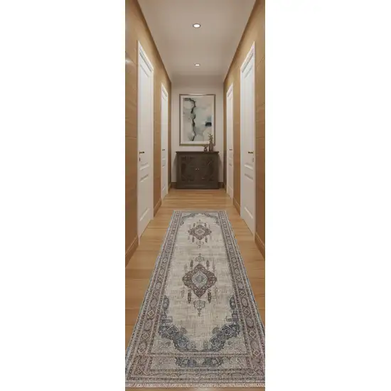 12' Gray Red And Blue Floral Power Loom Runner Rug Photo 1