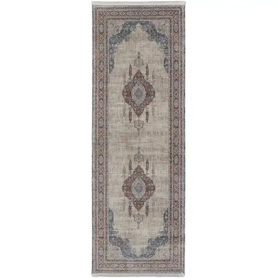 12' Gray Red And Blue Floral Power Loom Runner Rug Photo 1