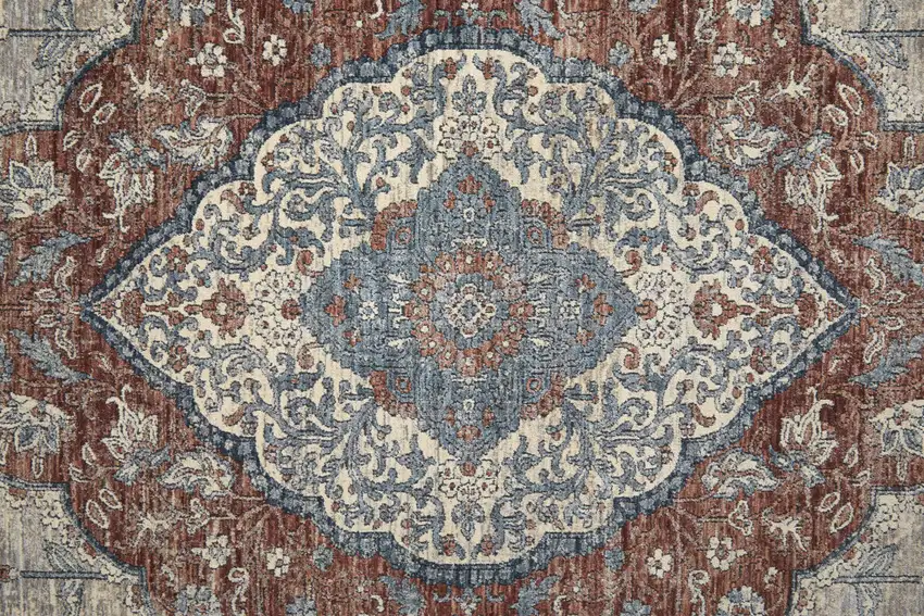 10' Gray Red And Blue Floral Power Loom Stain Resistant Runner Rug Photo 3