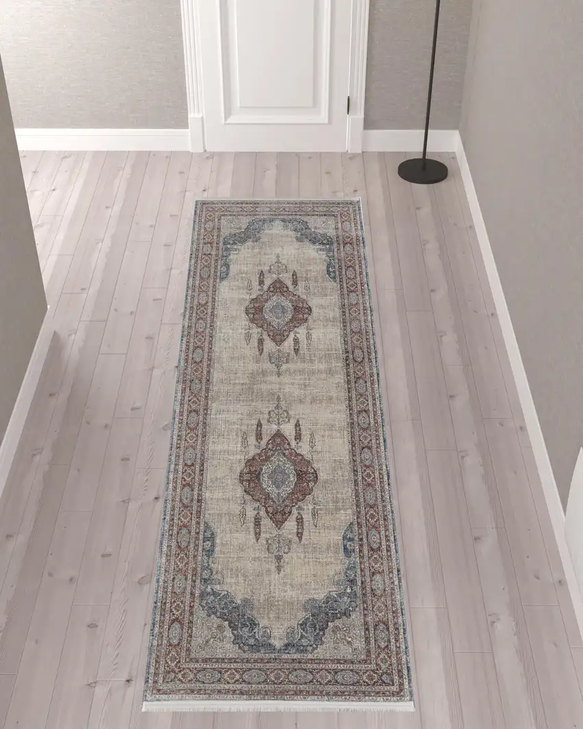 10' Gray Red And Blue Floral Power Loom Stain Resistant Runner Rug Photo 2