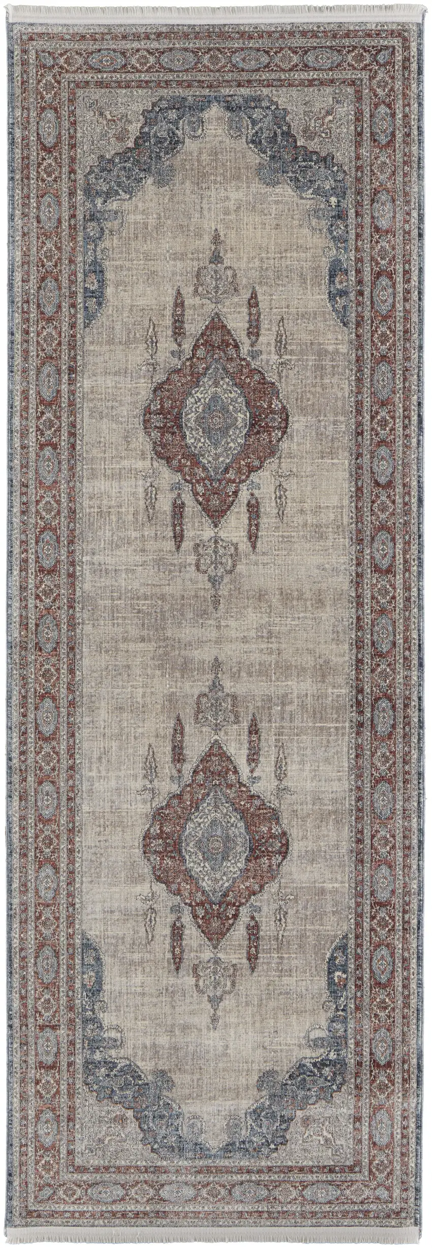 10' Gray Red And Blue Floral Power Loom Stain Resistant Runner Rug Photo 1