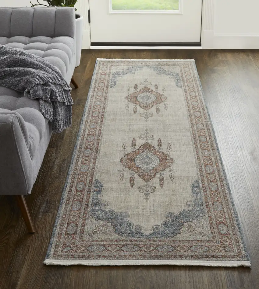 10' Gray Red And Blue Floral Power Loom Stain Resistant Runner Rug Photo 5