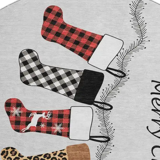 8' Gray Red And Green Geometric Washable Round Rug With UV Protection Photo 3