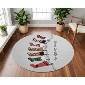 Photo of 8' Gray Red And Green Geometric Washable Round Rug With UV Protection