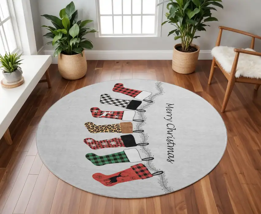 8' Gray Red And Green Geometric Washable Round Rug With UV Protection Photo 1