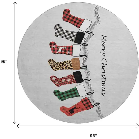 8' Gray Red And Green Geometric Washable Round Rug With UV Protection Photo 3