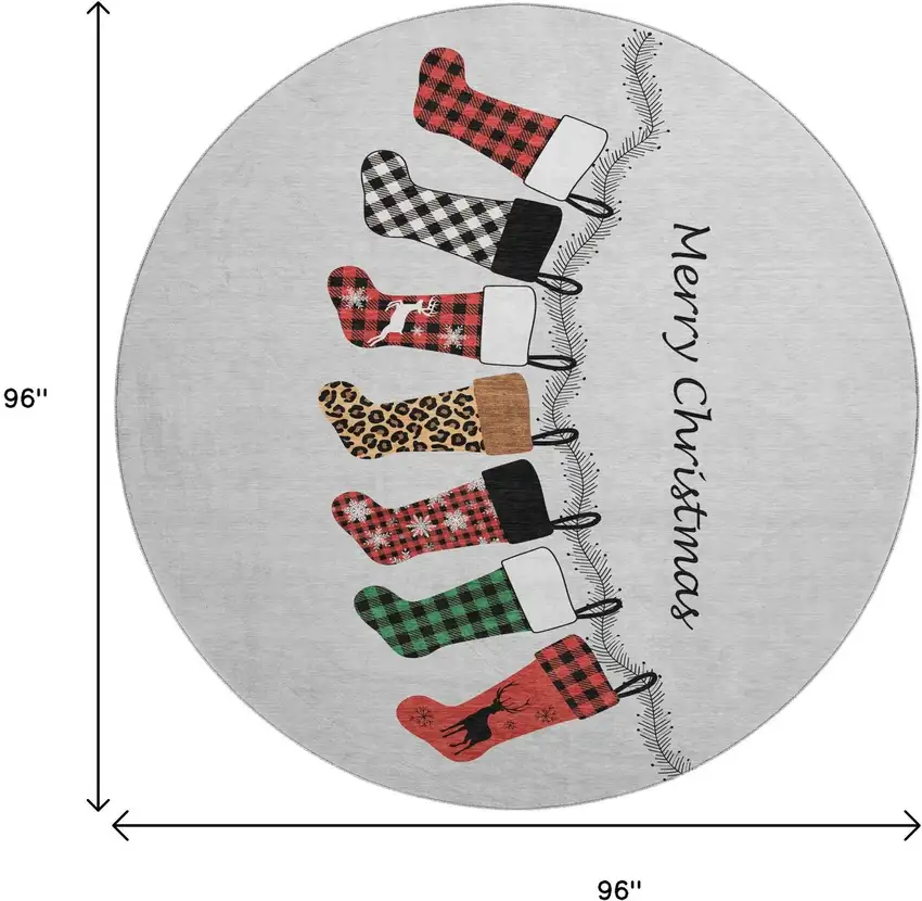 8' Gray Red And Green Geometric Washable Round Rug With UV Protection Photo 3