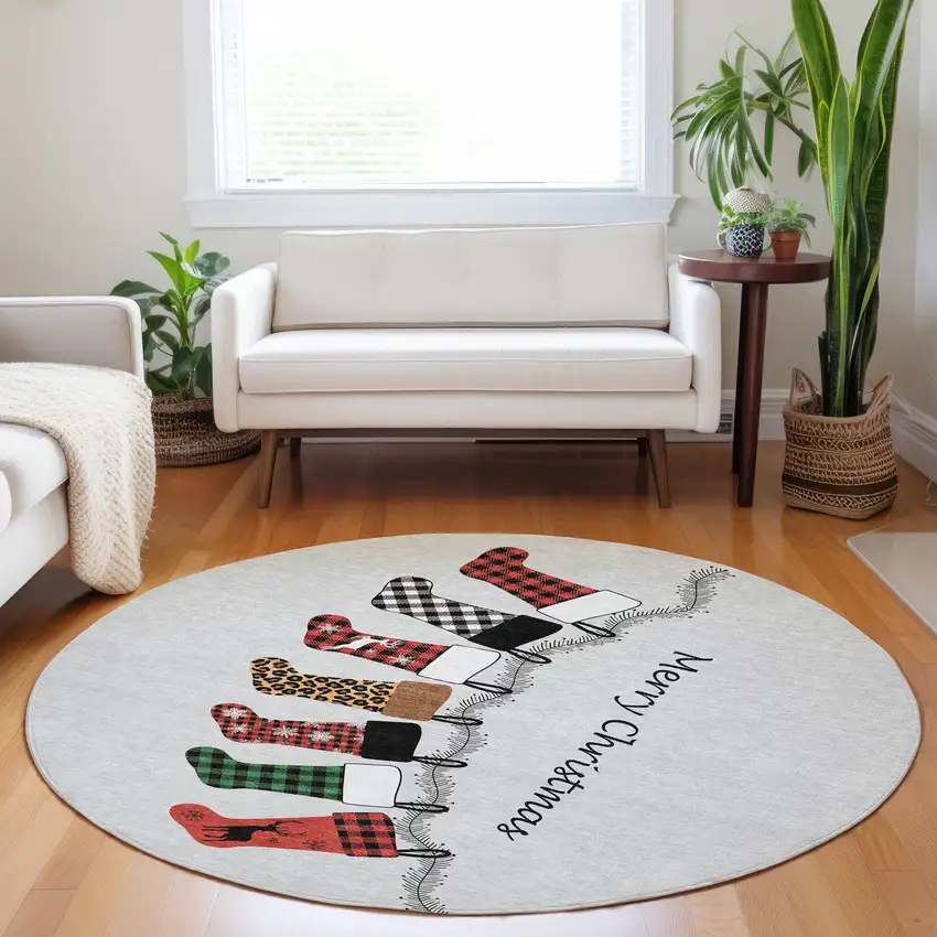 8' Gray Red And Green Geometric Washable Round Rug With UV Protection Photo 6