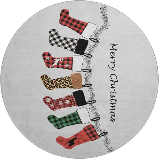 8' Gray Red And Green Geometric Washable Round Rug With UV Protection Photo 2