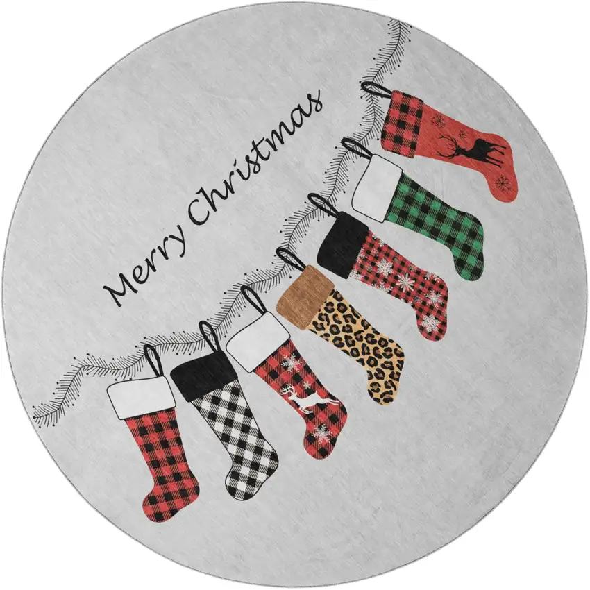 8' Gray Red And Green Christmas Stockings Washable Area Rug With UV Protection Photo 2