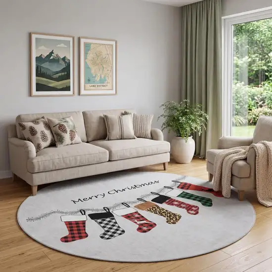 8' Gray Red And Green Christmas Stockings Washable Area Rug With UV Protection Photo 1