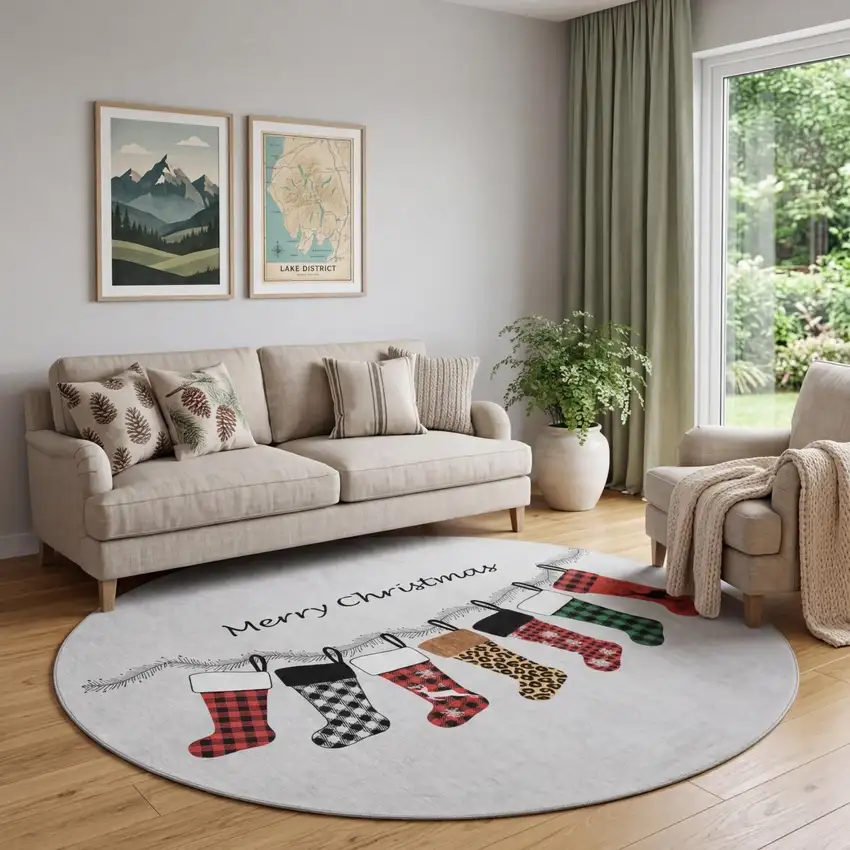 8' Gray Red And Green Christmas Stockings Washable Area Rug With UV Protection Photo 1