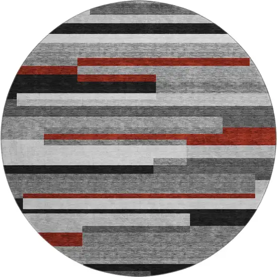 8' Gray Red And Silver Striped Washable Round Rug With UV Protection Photo 1