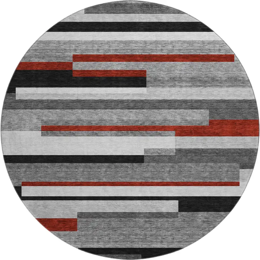 8' Gray Red And Silver Striped Washable Round Rug With UV Protection Photo 1