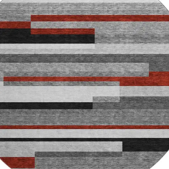 8' Gray Red And Silver Striped Washable Round Rug With UV Protection Photo 2
