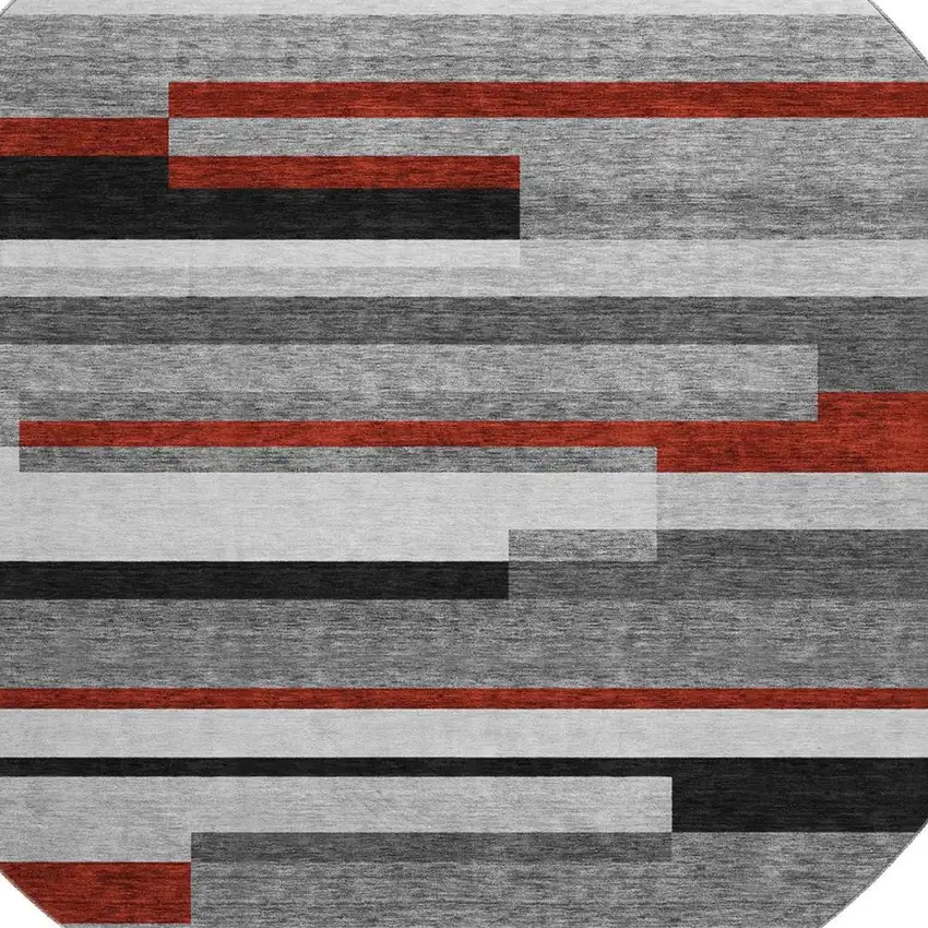 8' Gray Red And Silver Striped Washable Round Rug With UV Protection Photo 2