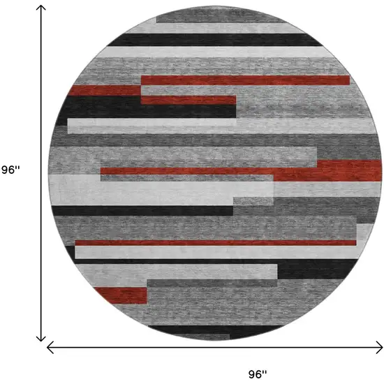 8' Gray Red And Silver Striped Washable Round Rug With UV Protection Photo 9