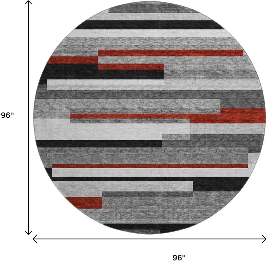 8' Gray Red And Silver Striped Washable Round Rug With UV Protection Photo 9